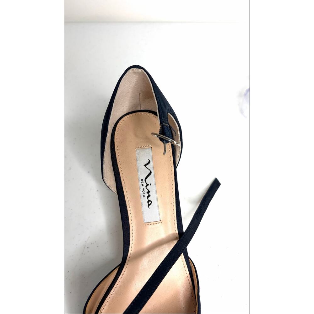 Nina Tirisa Pointed Toe Pumps Women's Sz 7.5 Navy Satin Cross Strap Formal Gala - Picture 7 of 11